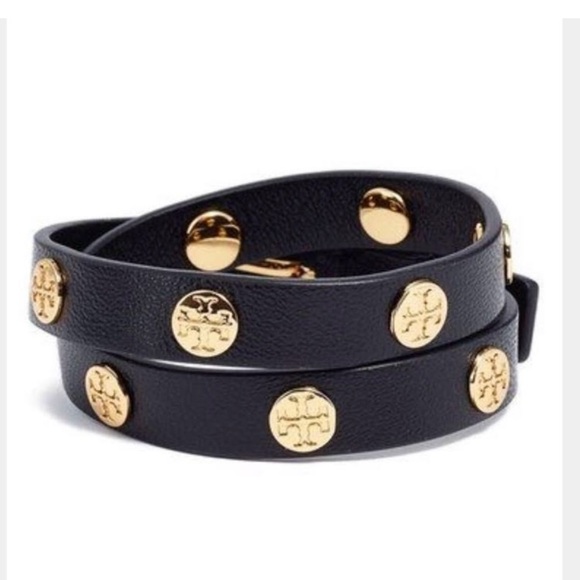 Tory Burch Double Wrap Logo Stud Bracelet Navy Leather - Picture 1 of 12